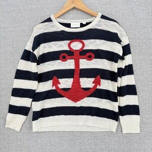 Mia & Tess Women's Sz S Sweater Anchor Striped Knit Nautical Blue Cottage Preppy